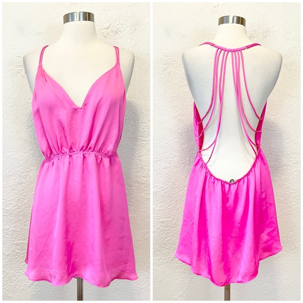 Victoria's Secret Slip Dress Lingerie Hot Pink Satin Strappy Back Backless L